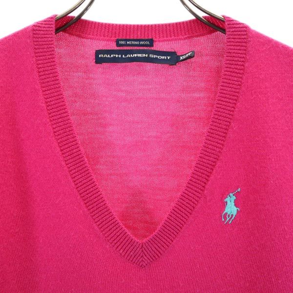 RALPH LAUREN SPORT ラルフローレン スポーツ ウール 長袖 Vネック ニット XS ピンク セーター ロゴ刺繍 レディース