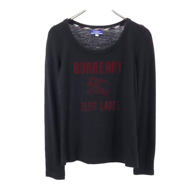 BURBERRY BLUE LABEL バーバリーブルーレーベル 三陽商会 日本製 ウール プリント 長袖 Tシャツ 38 黒 ロンT カットソー レディース