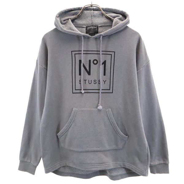STUSSY ステューシー プリント 長袖 スウェットパーカー S グレー 裏起毛 レディース