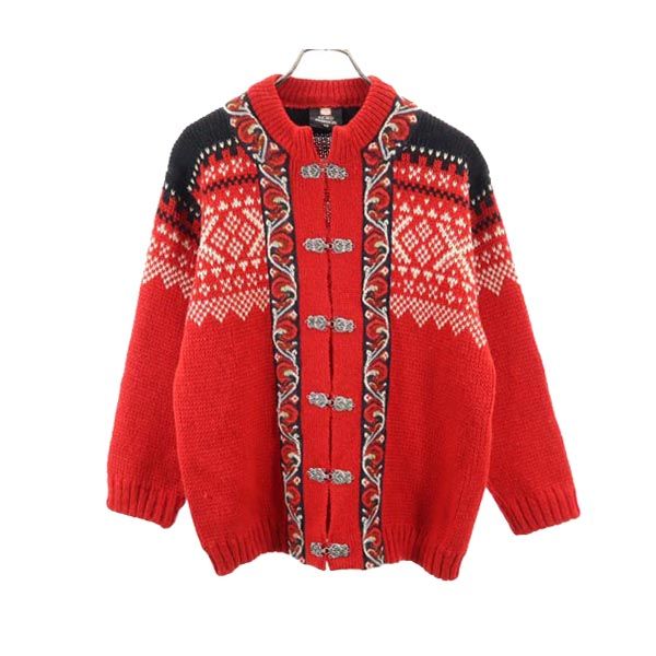 FJORD FASHION 80s ヴィンテージ ウール チロル 長袖 メタルフック ニット カーディガン 42 レッド系 レディース