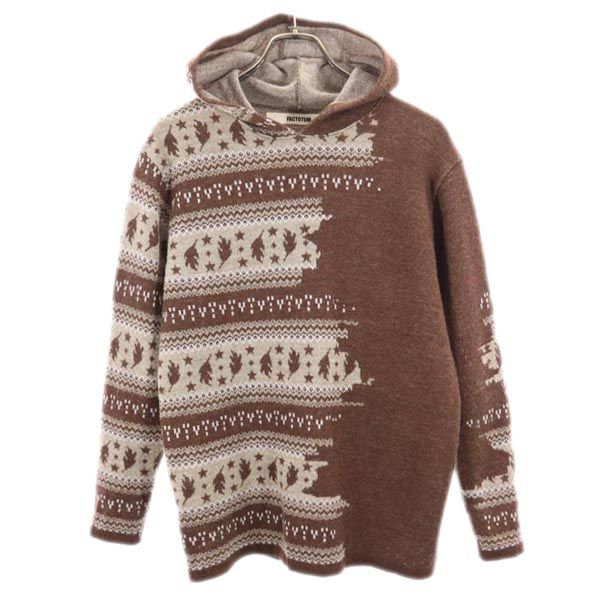 FACTOTUM ファクトタム 日本製 総柄 長袖 ウール100% ニット パーカー 46 ブラウン セーター メンズ