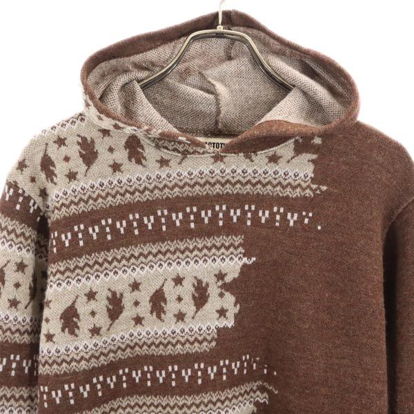 FACTOTUM ファクトタム 日本製 総柄 長袖 ウール100% ニット パーカー 46 ブラウン セーター メンズ