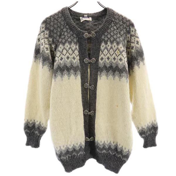 ウール100% 長袖 ニット カーディガン M グレー系 レディース