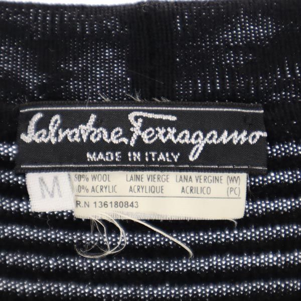 Salvatore Ferragamo サルヴァトーレフェラガモ イタリア製 ウールブレンド ニット ボーダー柄 Vネック カーディガン M 黒 レディース