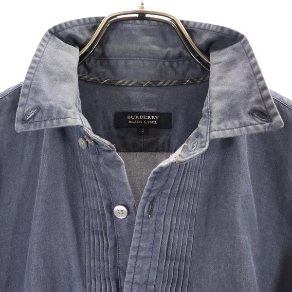 BURBERRY BLACK LABEL バーバリーブラックレーベル 三陽商会 長袖 シャンブレー プリーツ ボタンダウンシャツ 2 ネイビー レディース
