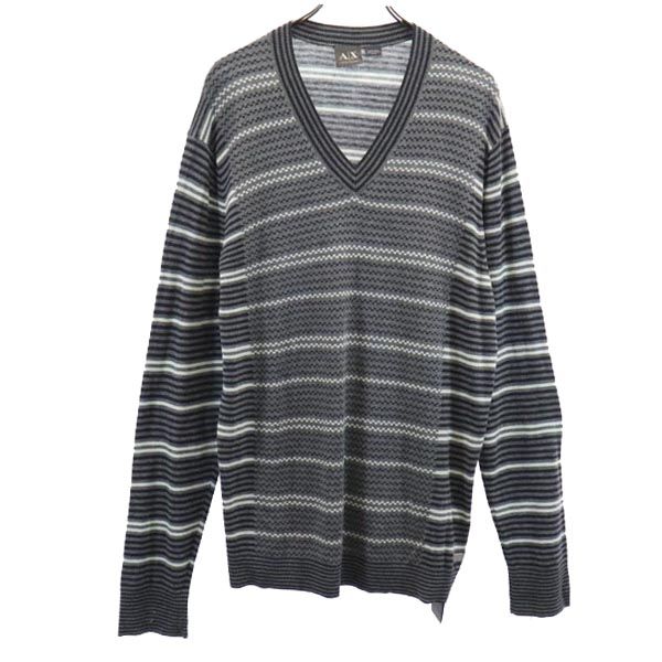 未使用 ARMANI EXCHANGE アルマーニエクスチェンジ ボーダー柄 長袖 Vネック ニット セーター XL グレー メンズ