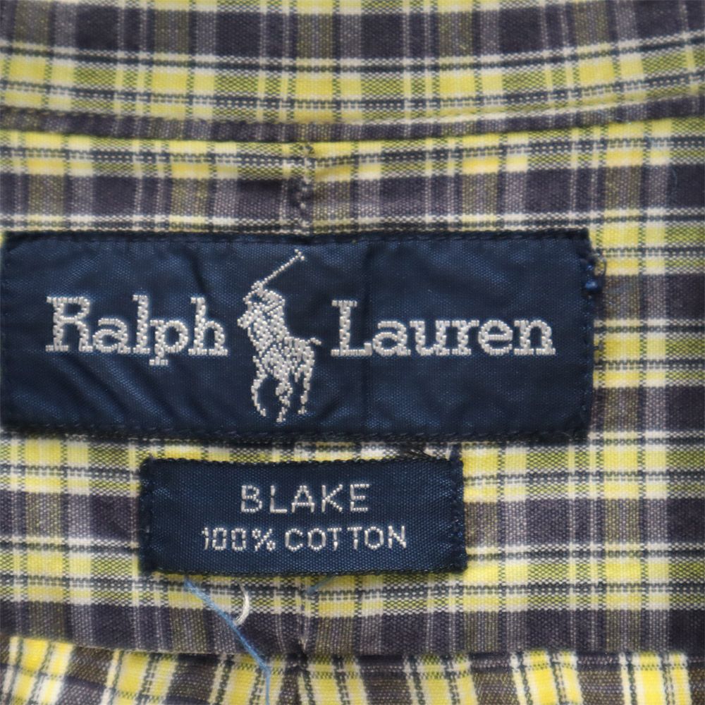 RALPH LAUREN ラルフローレン チェック柄 長袖 ボタンダウン シャツワンピース イエロー×ネイビー レディース