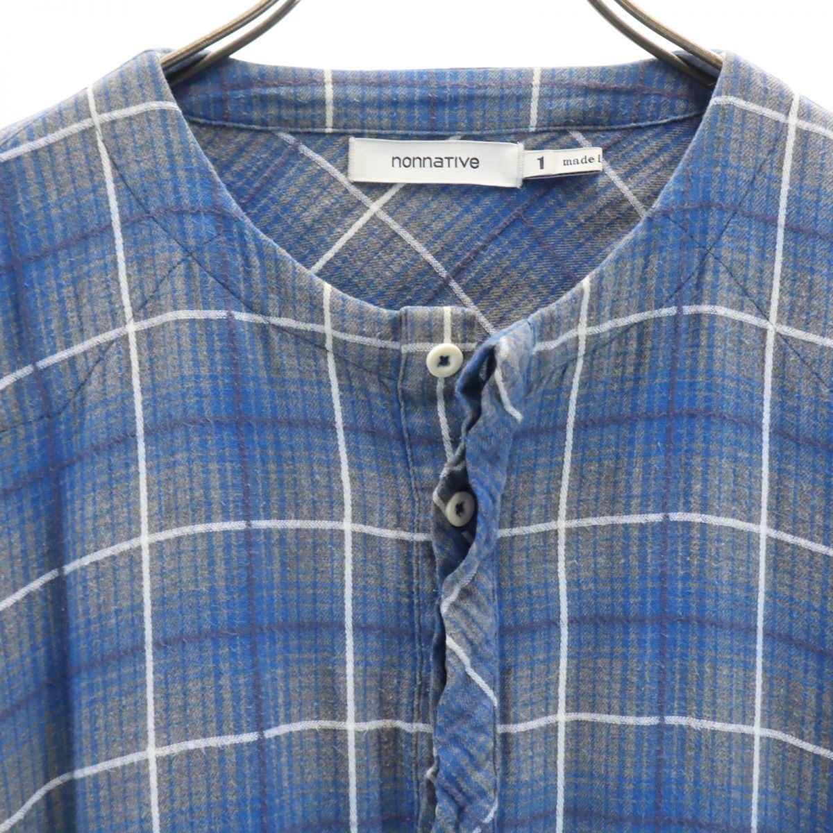 ノンネイティブ 日本製 チェック柄 長袖 ノーカラー ハーフボタン シャツ 1 ブルー系 nonnative チュニック メンズ
