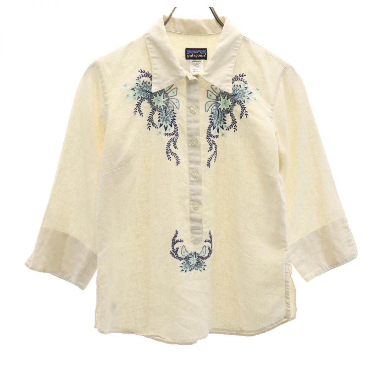 patagonia パタゴニア 7分袖 刺繍入り ハーフボタン シャツ S アイボリー アウトドア レディース