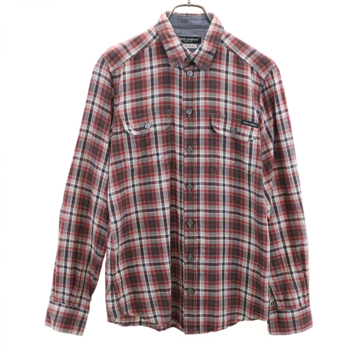 DOLCE&GABBANA ドルチェアンドガッバーナ イタリア製 長袖 チェックシャツ 38 レッド系 メンズ
