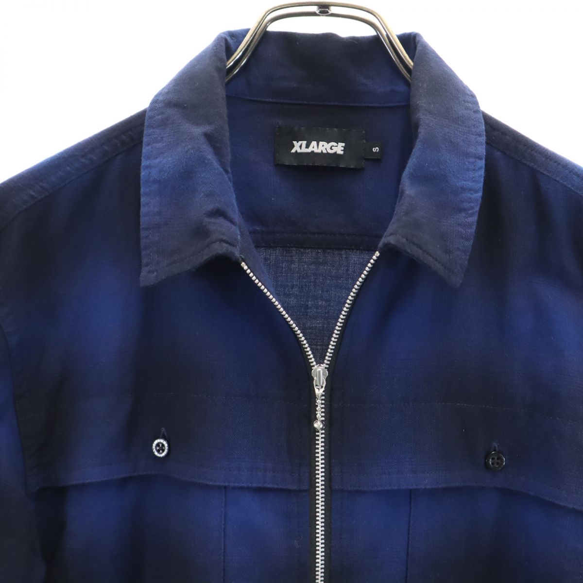 XLARGE エクストララージ チェック柄 長袖 ジップ コットンシャツ S ブルー×ブラック メンズ