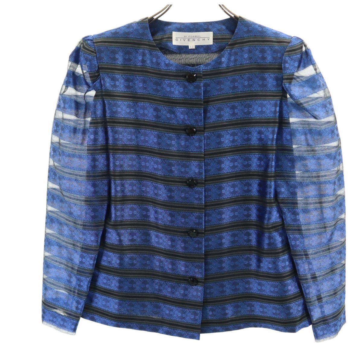 GIVENCHY ジバンシィ 日本製 シルクブレンド ボーダー柄 ノーカラー ジャケット 12 ブルー系 HI FORMAL レディース