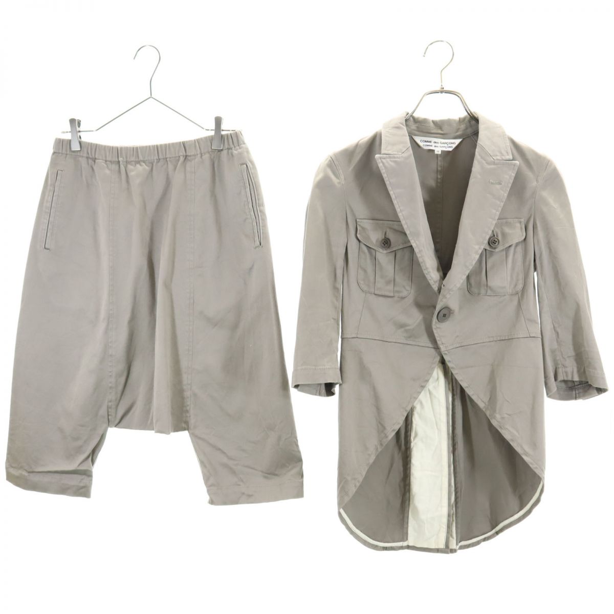 コムデギャルソンコムデギャルソン 2010年 日本製 7分袖 タキシード ジャケット 上下 セットアップ M カーキ系 Comme des Garcons Comme des Garcons サルエルパンツ ウエストゴム レディース