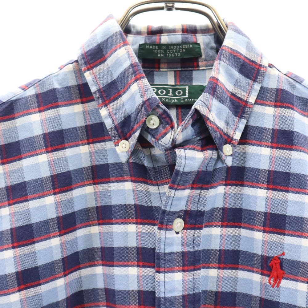 Polo by Ralph Lauren ポロバイラルフローレン 80s 緑タグ ヴィンテージ ボーイズ規格 チェック柄 長袖 ボタンダウンシャツ M ブルー系 レディース
