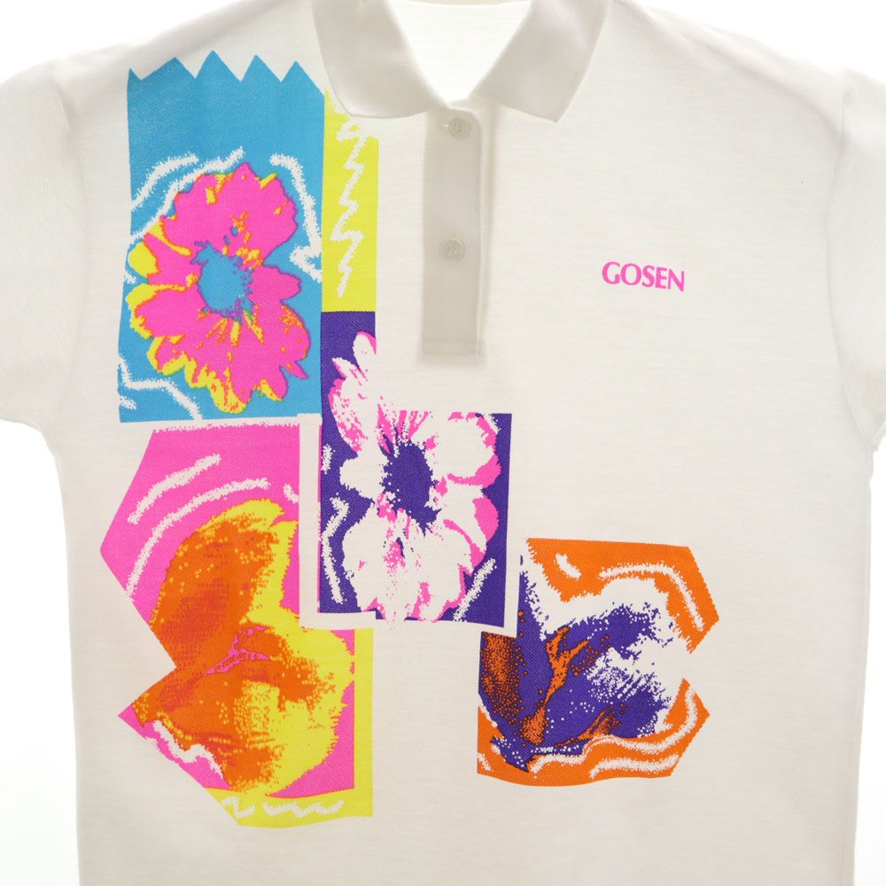 ゴーセン 日本製 プリント テニス 半袖 ウェア M ホワイト GOSEN ポロシャツ 鹿の子地 レディース