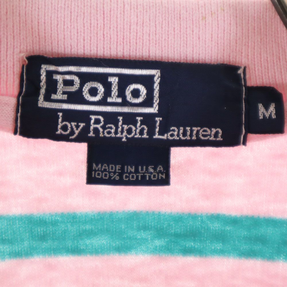 ポロバイラルフローレン USA製 ボーダー柄 半袖 ハーフボタン ポロシャツ M ピンク Polo by Ralph Lauren メンズ
