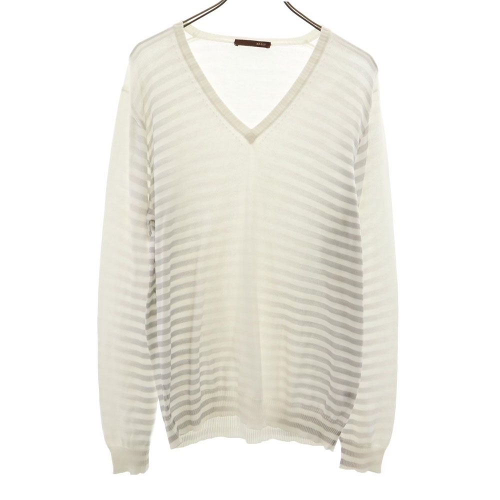 BALLY バリー イタリア製 グラデーション ボーダー柄 長袖 Vネック コットン セーター 50 グレー系×ホワイト ニット メンズ