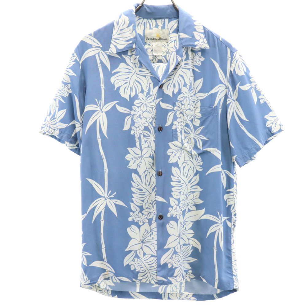 Paradise Matian 80s 90s ハワイ製 オールド 総柄 半袖 レーヨン アロハシャツ S ブルー系 メンズ
