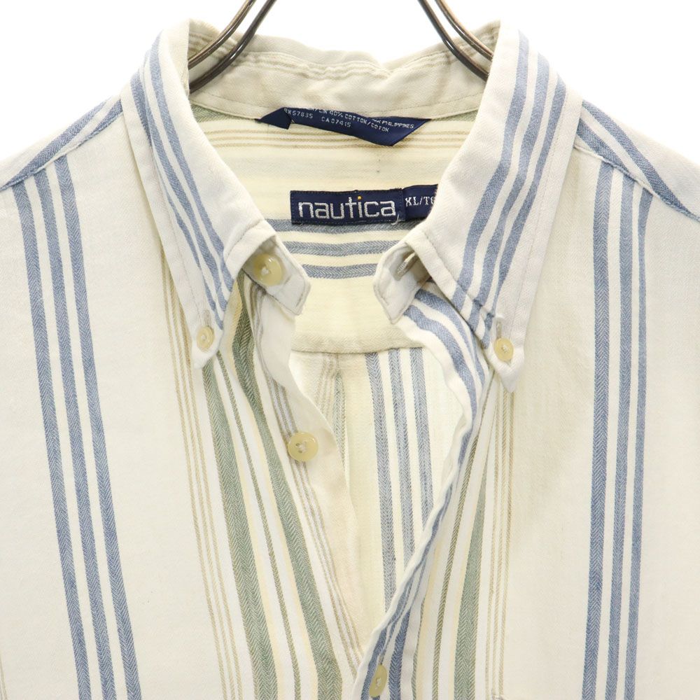 NAUTICA ノーティカ 90s オールド ストライプ柄 半袖 ボタンダウンシャツ XL ホワイト系 メンズ