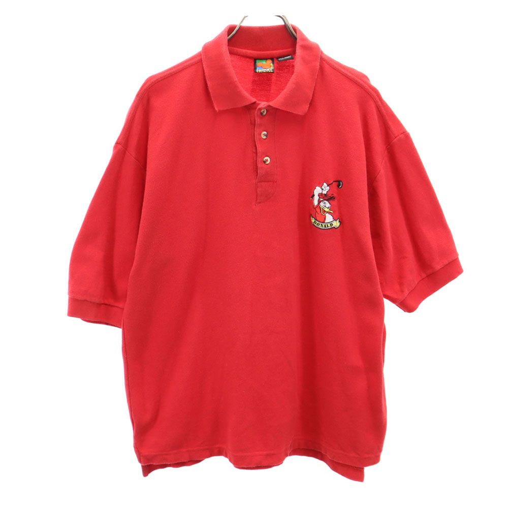 MICKEY UNLIMITED ミッキーアンリミテッド 90s オールド 刺繍 ドナルドダック 半袖 ポロシャツ XL レッド 鹿の子 メンズ