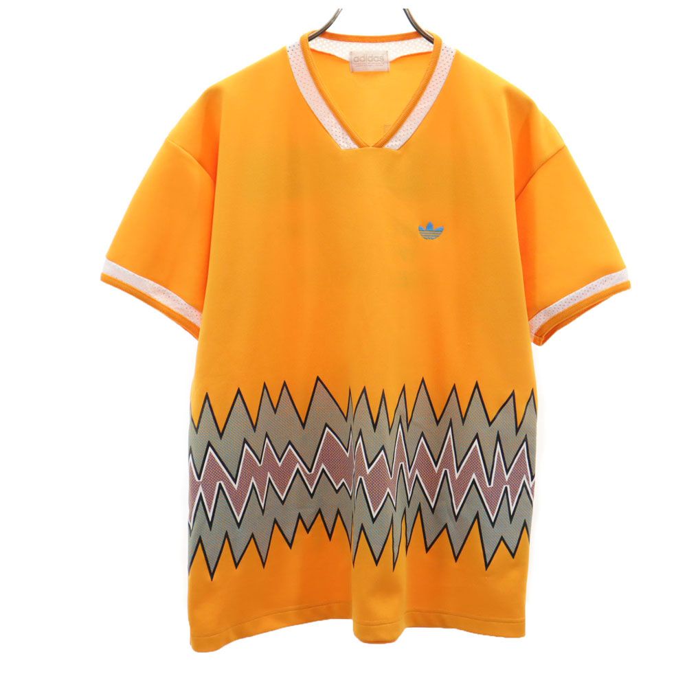 アディダス 80s デサント 日本製 ヴィンテージ トレフォイルロゴ バックプリント 半袖 Vネック Tシャツ L イエロー adidas メンズ
