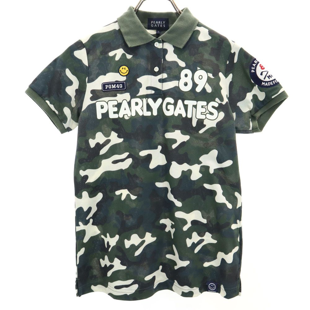 PEARLY GATES パーリーゲイツ 日本製 迷彩 プリント ゴルフ 半袖 ポロシャツ 1 グリーン系 鹿の子 レディース