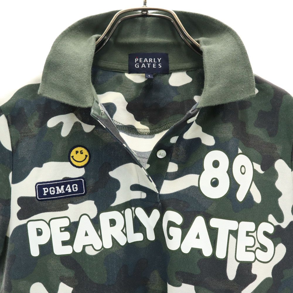 PEARLY GATES パーリーゲイツ 日本製 迷彩 プリント ゴルフ 半袖 ポロシャツ 1 グリーン系 鹿の子 レディース