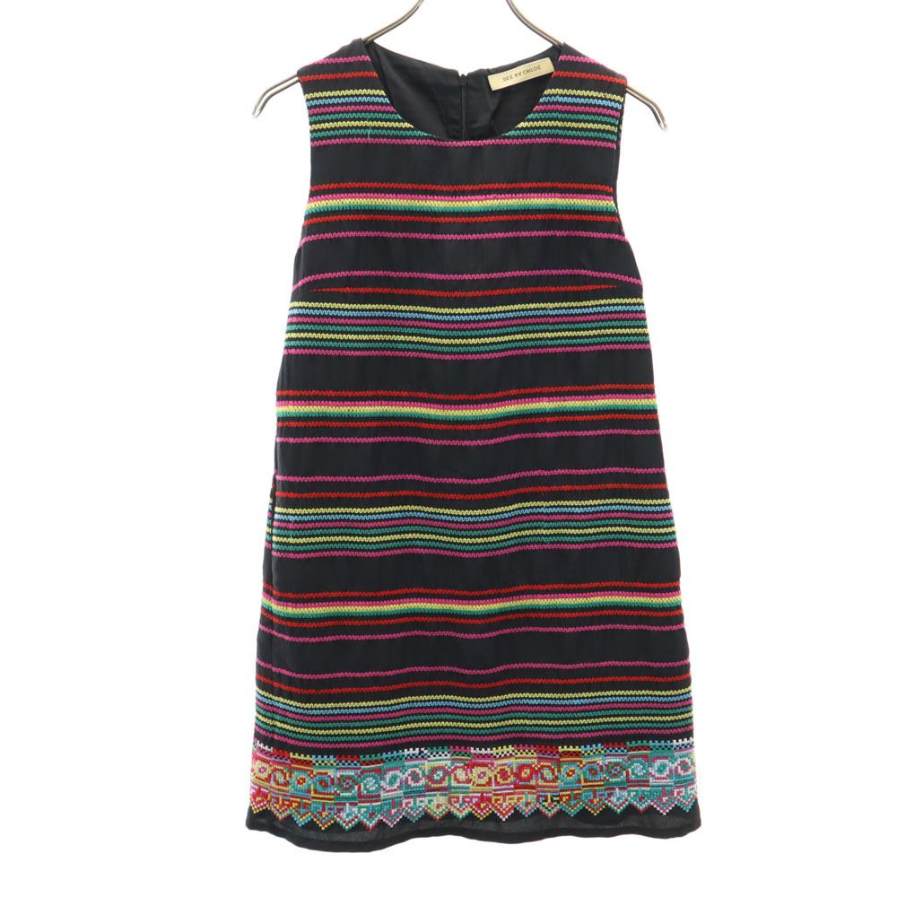 SEE BY CHLOE シーバイクロエ シルク100% ボーダー柄 ノースリーブ ミニワンピース 4 黒系 レディース