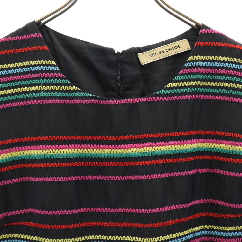 SEE BY CHLOE シーバイクロエ シルク100% ボーダー柄 ノースリーブ ミニワンピース 4 黒系 レディース