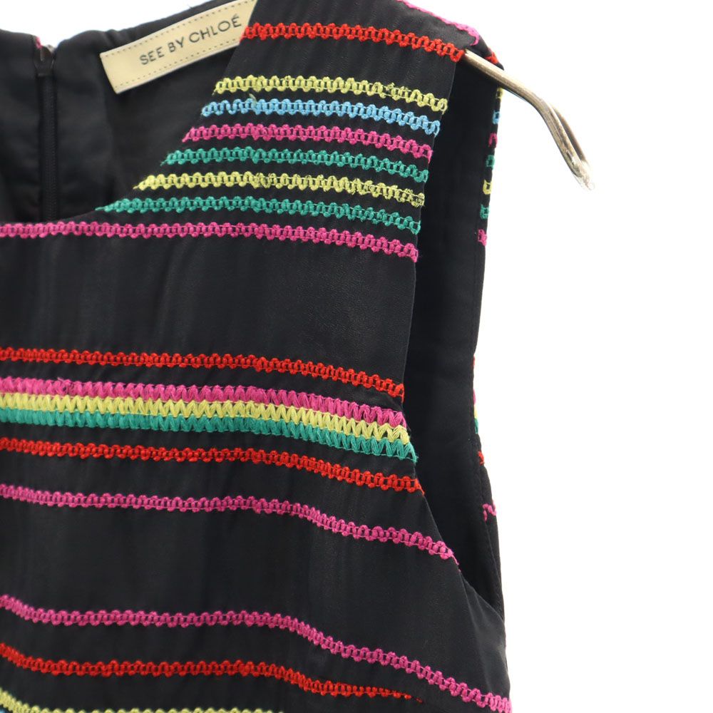 SEE BY CHLOE シーバイクロエ シルク100% ボーダー柄 ノースリーブ ミニワンピース 4 黒系 レディース