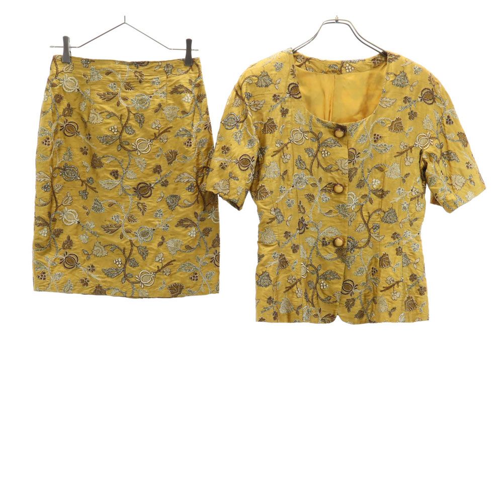 MAX MARA マックスマーラ イタリア製 シルクブレンド 総柄 半袖 オールド ヴィンテージ スカートスーツ 上下 セットアップ 42 ゴールド バックジップ レディース