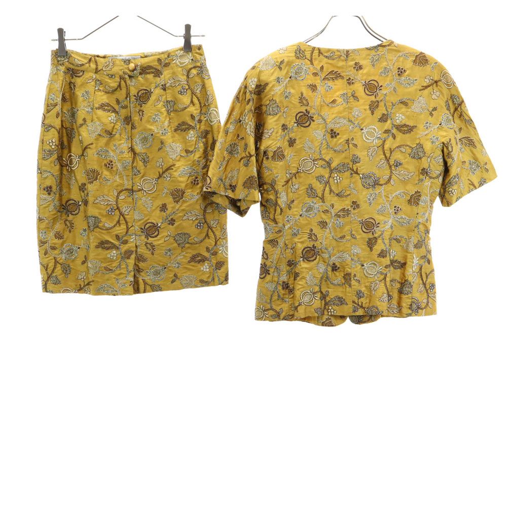 MAX MARA マックスマーラ イタリア製 シルクブレンド 総柄 半袖 オールド ヴィンテージ スカートスーツ 上下 セットアップ 42 ゴールド バックジップ レディース