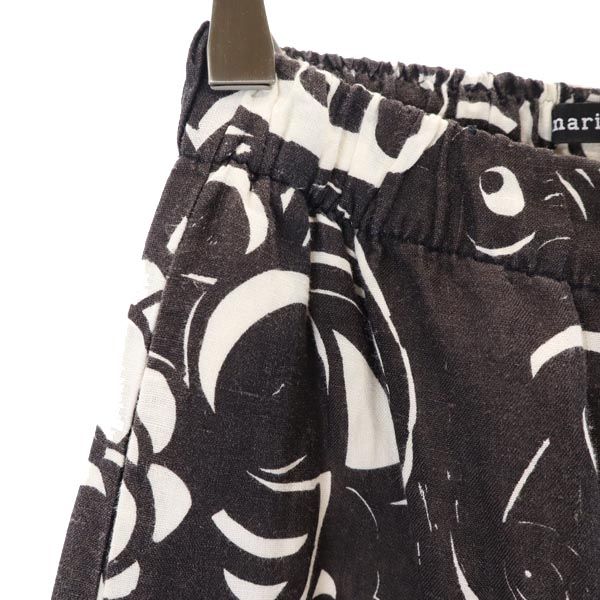 marimekko マリメッコ リネン 総柄 パンツ 34 ブラック ウエストゴム レディース