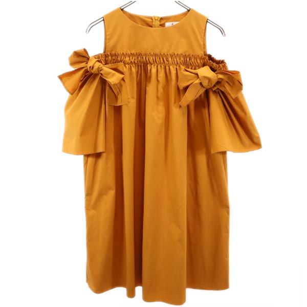 LANVIN en Bleu ランバンオンブルー 日本製 7分袖 オープンショルダー ワンピース 38 キャメル レディース