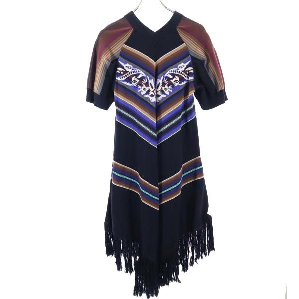 sacai luck サカイラック 総柄 半袖 ニットポンチョ ワンピース 黒×茶×青 ニーレングスドレス レディース