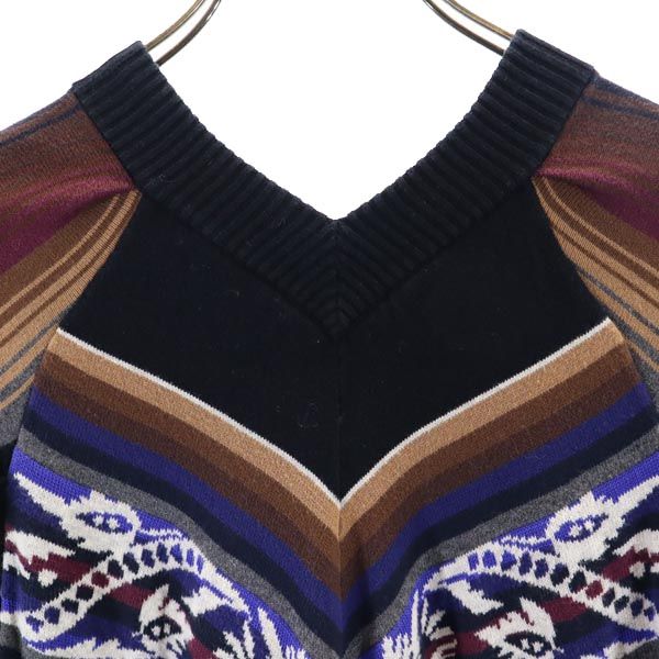 sacai luck サカイラック 総柄 半袖 ニットポンチョ ワンピース 黒×茶×青 ニーレングスドレス レディース
