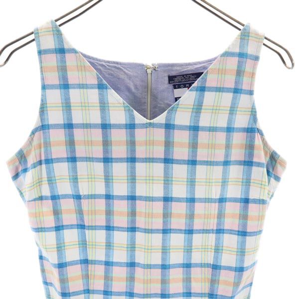 トミーヒルフィガー 90s オールド フラッグタグ チェック ノースリーブ ノースリーブ ワンピース 4 ブルー系 TOMMY HILFIGER バックジップ レディース