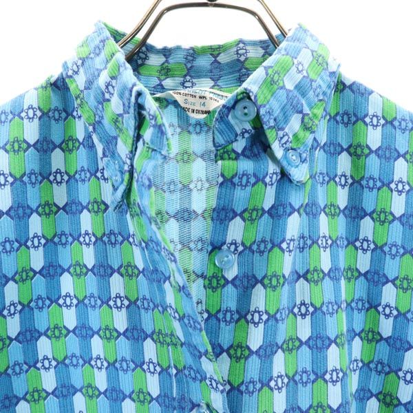 PERMANENT PRESS パーマネントプレス ヴィンテージ 総柄 長袖 シャツ ワンピース 14 ブルー×グリーン レディース