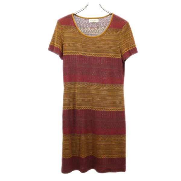 YVES SAINT LAURENT イヴサンローラン 総柄 半袖 ニット ワンピース L レッド×ブラウン レディース