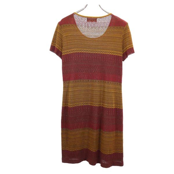 YVES SAINT LAURENT イヴサンローラン 総柄 半袖 ニット ワンピース L レッド×ブラウン レディース