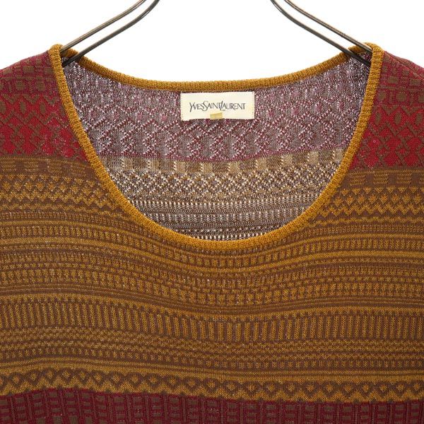 YVES SAINT LAURENT イヴサンローラン 総柄 半袖 ニット ワンピース L レッド×ブラウン レディース
