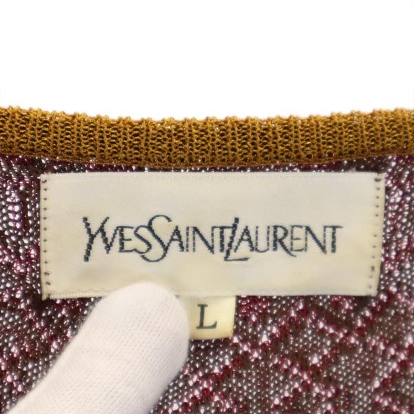 YVES SAINT LAURENT イヴサンローラン 総柄 半袖 ニット ワンピース L レッド×ブラウン レディース