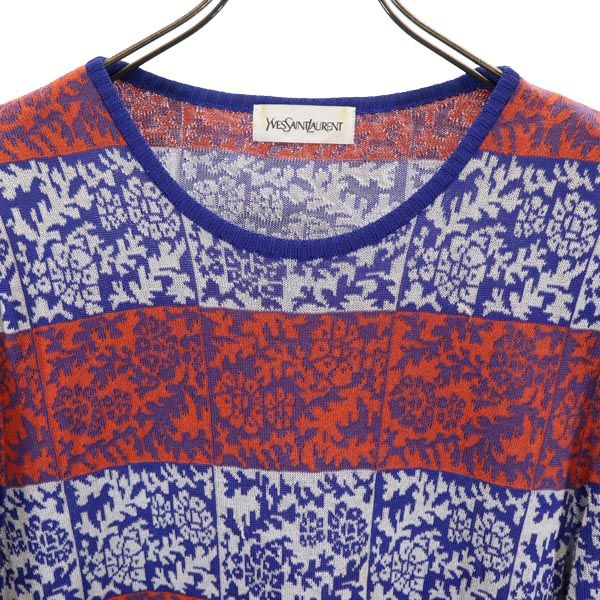 YVES SAINT LAURENT イヴサンローラン 総柄 半袖 ニット ワンピース M レッド×ブルー レディース