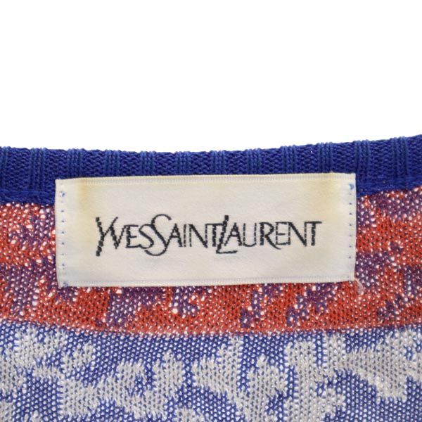 YVES SAINT LAURENT イヴサンローラン 総柄 半袖 ニット ワンピース M レッド×ブルー レディース