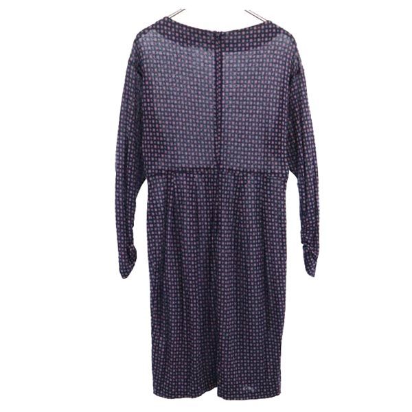 Aquascutum アクアスキュータム 日本製 総柄 長袖 ワンピース ネイビー系 バックジップ レディース