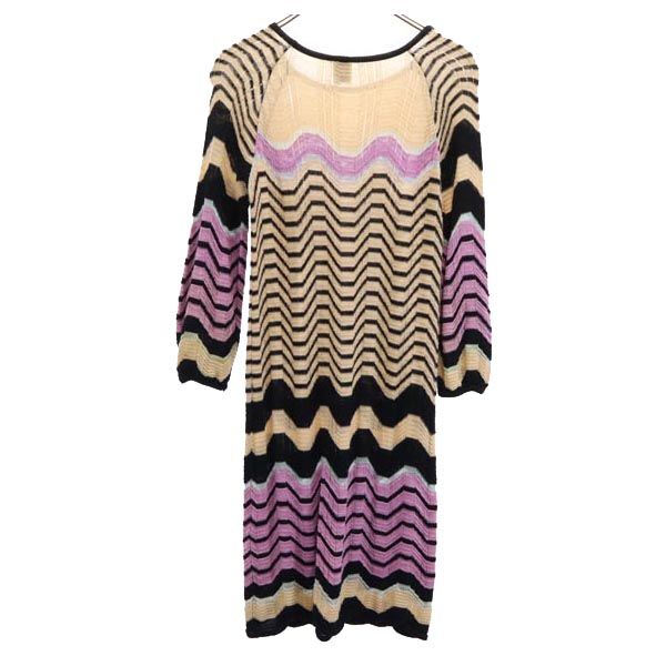 Missoni ミッソーニ イタリア製 ウールブレンド 総柄 長袖 ニット ワンピース 42 ベージュ系 レディース