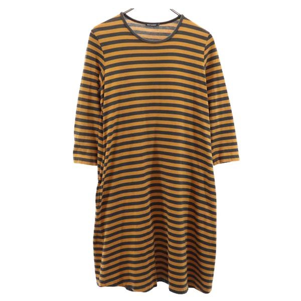 marimekko マリメッコ ボーダー柄 7分袖 Tシャツ ワンピース S キャメル×グレー レディース