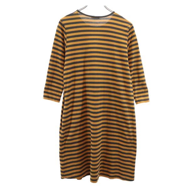 marimekko マリメッコ ボーダー柄 7分袖 Tシャツ ワンピース S キャメル×グレー レディース