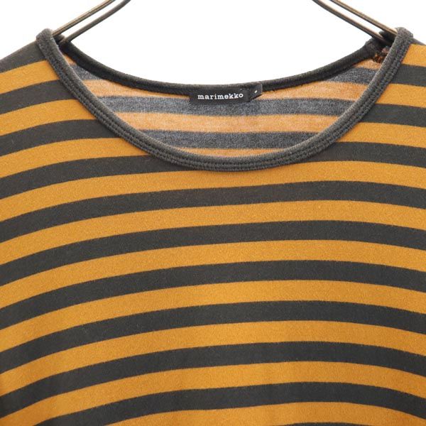 marimekko マリメッコ ボーダー柄 7分袖 Tシャツ ワンピース S キャメル×グレー レディース