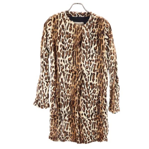 イヴサロモン レオパード 長袖 ノーカラー フェイク ファーコート 36 ブラウン系 Yves Salomon レディース